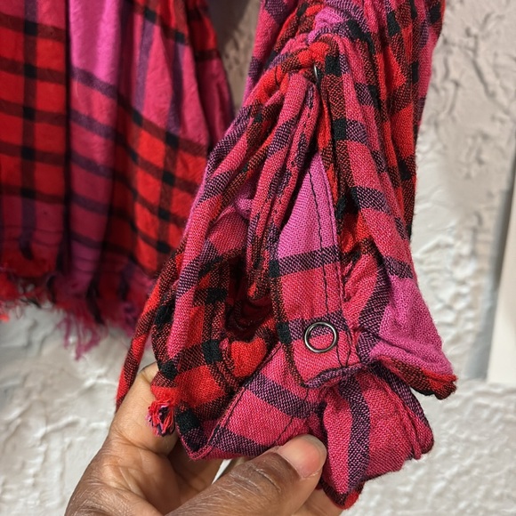 Free People Pacific Dawn Plaid Shirt Red Pink Medium Wool Blend Accent Ties - Picture 7 of 13